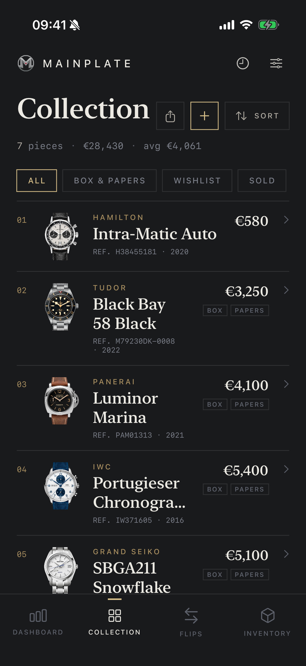 Collection list: each watch with brand, model, reference, year and current value, with box and papers badges