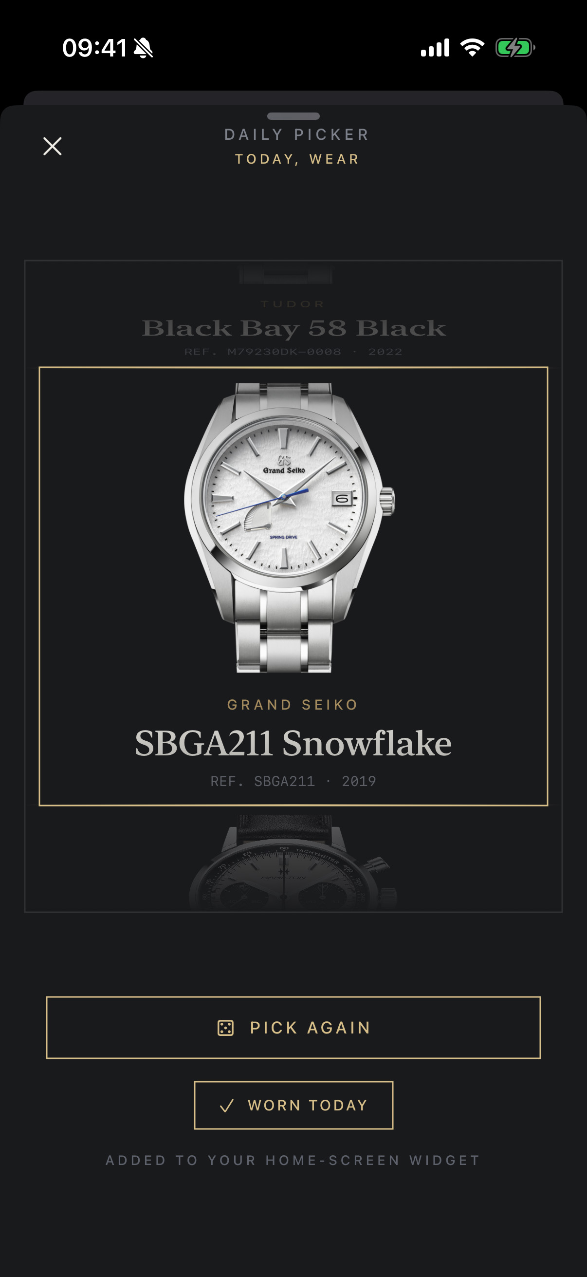 Daily Picker landing on a Grand Seiko SBGA211 Snowflake, with Pick Again and Worn Today, added to the Home Screen widget