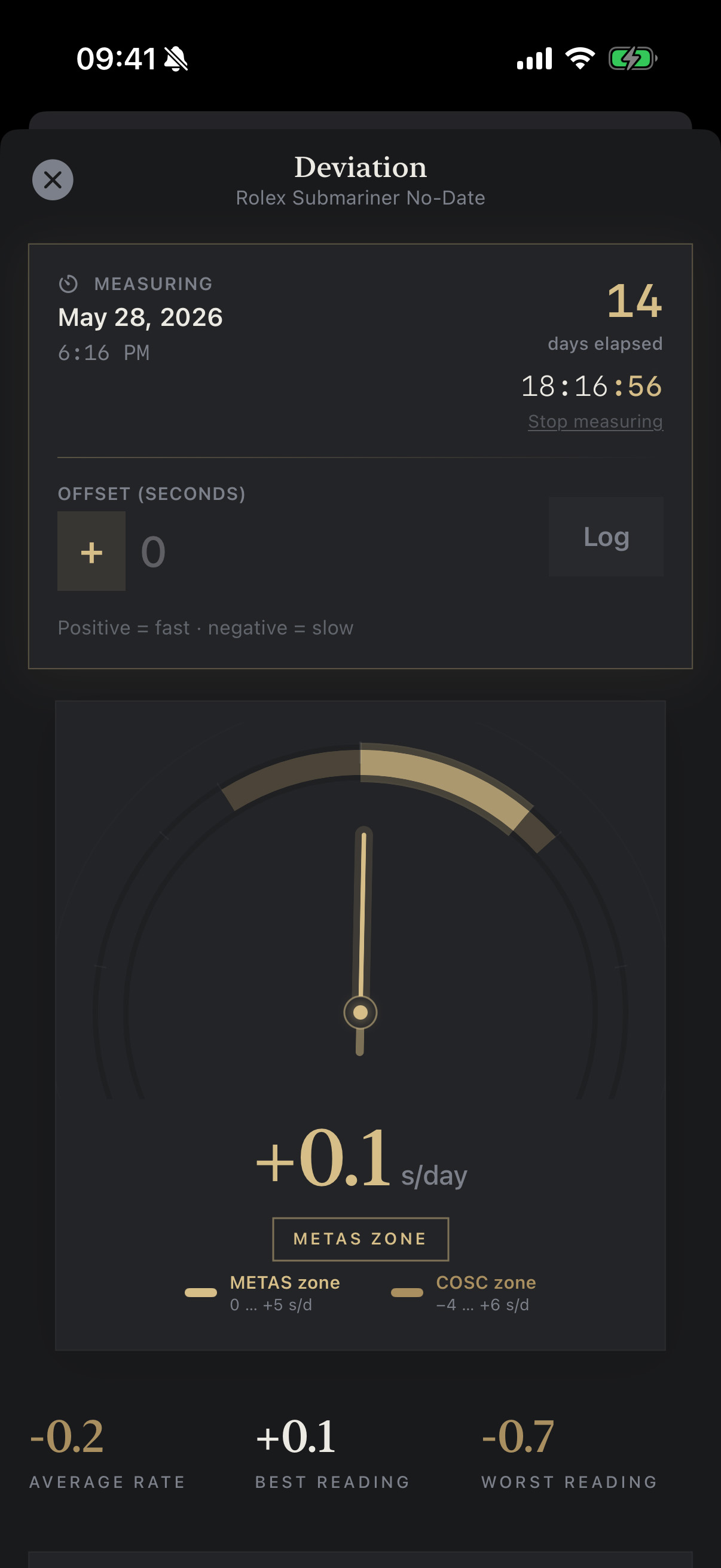 Deviation gauge reading +0.1 seconds per day, inside the chronometer accuracy zone, with average, best and worst readings