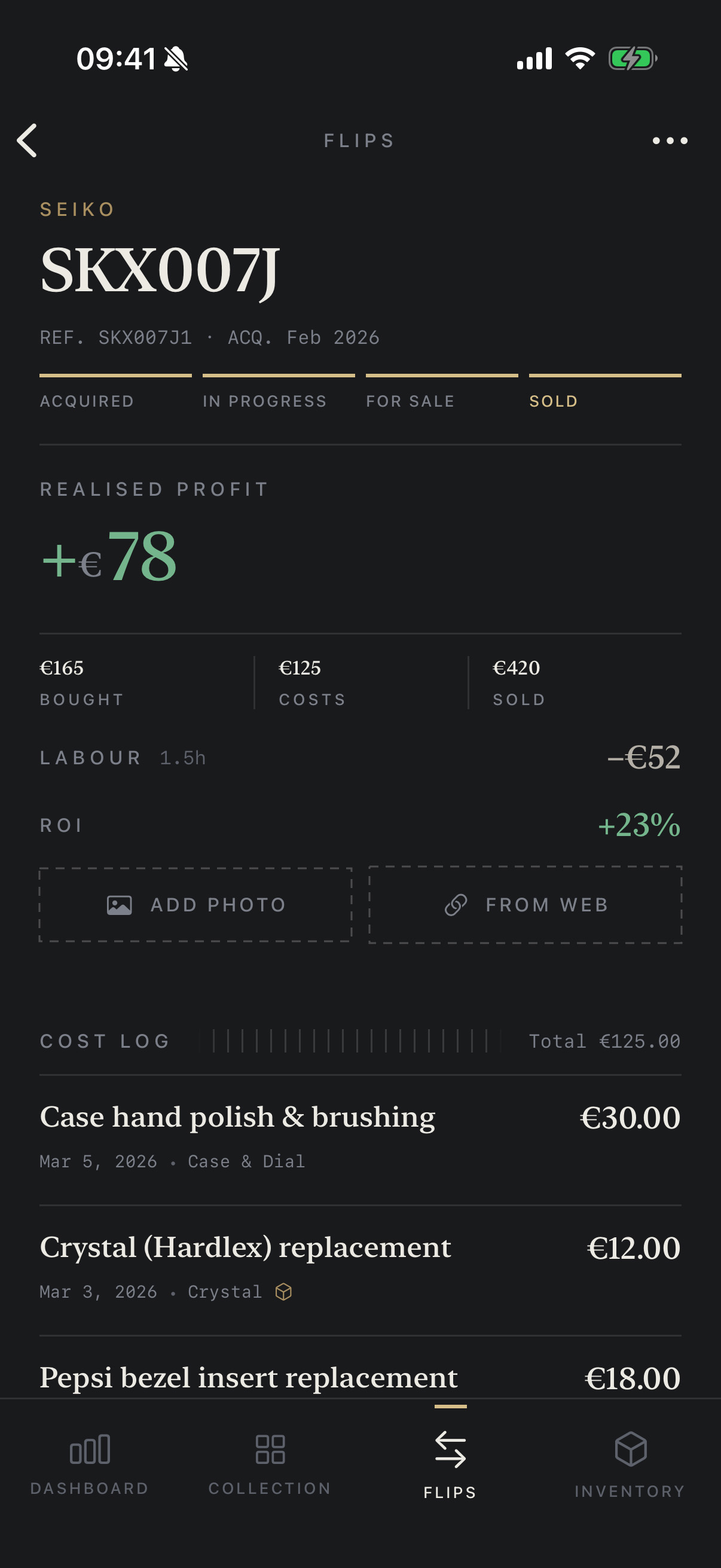 Flip detail: a sold Seiko showing realised profit, bought, costs, sold, labour and a full cost log