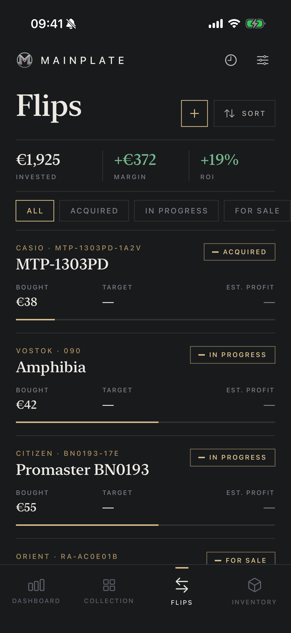 Flips register: total invested, margin and return, with each watch and its lifecycle status