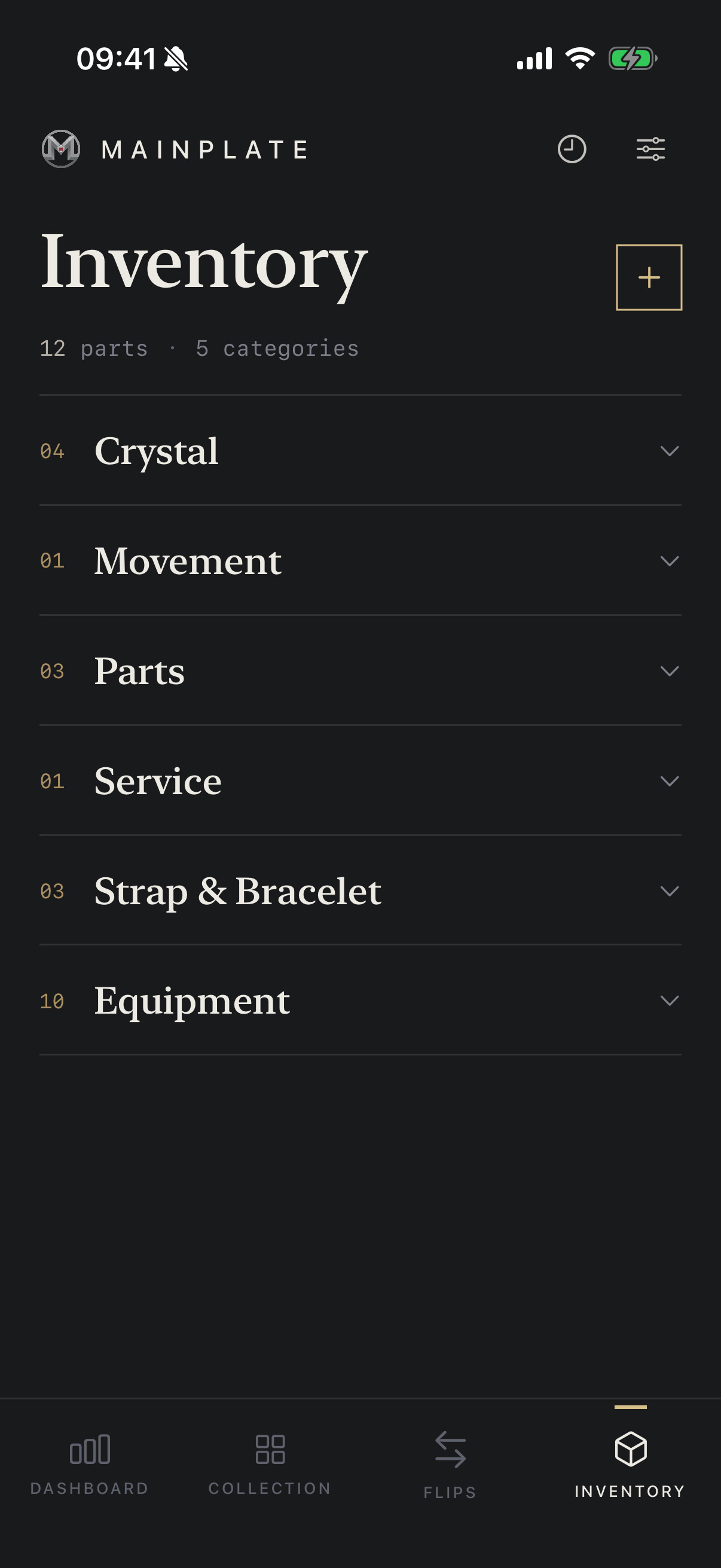 Inventory grouped into categories — crystal, movement, parts, service, straps and equipment — built from your service logs