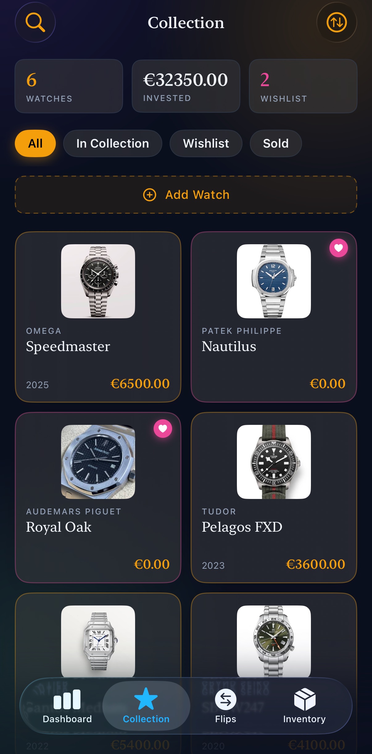Collection view with filter tabs: All, In Collection, Wishlist, and Sold watches