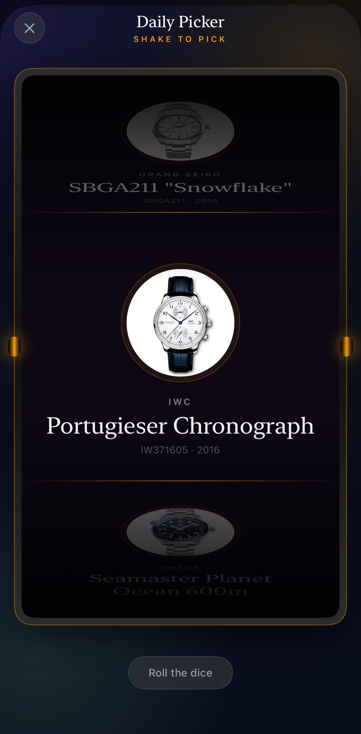 Daily Picker showing a scrollable carousel of watches with a Roll the dice button