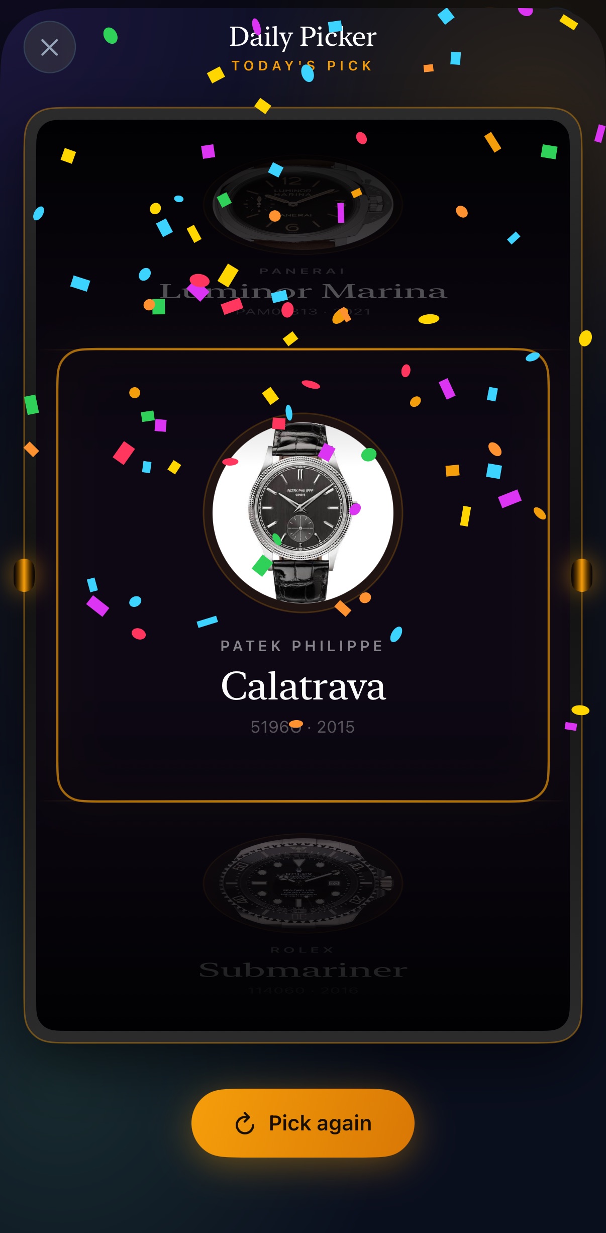 Daily Picker result: Patek Philippe Calatrava selected, confetti animation