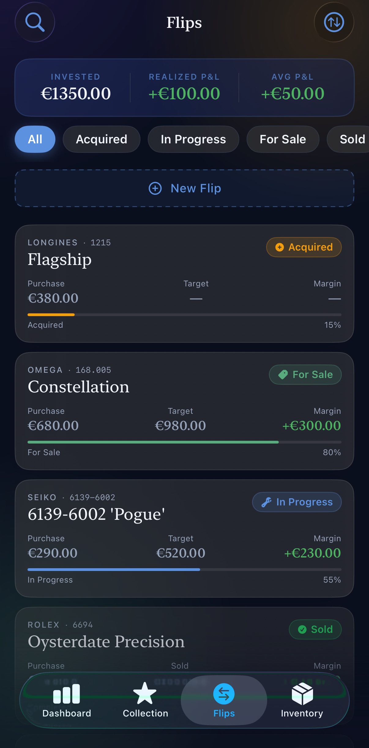 Flips tracker showing buy price, sell price, and profit margin for each watch deal