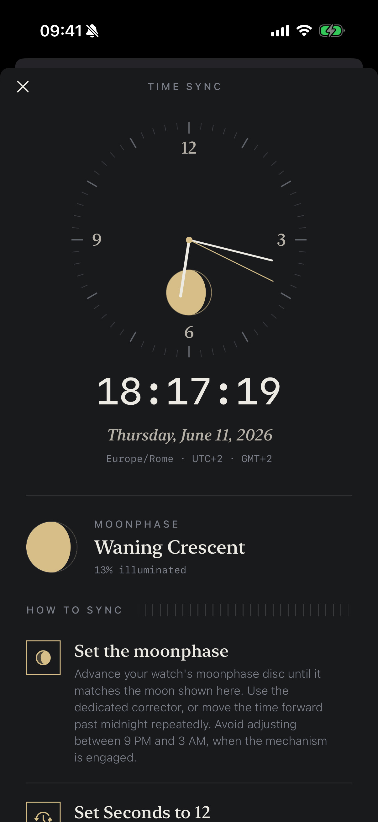 Time Sync reference clock at 18:17:19 with a moonphase subdial, the date, timezone and step-by-step sync guidance
