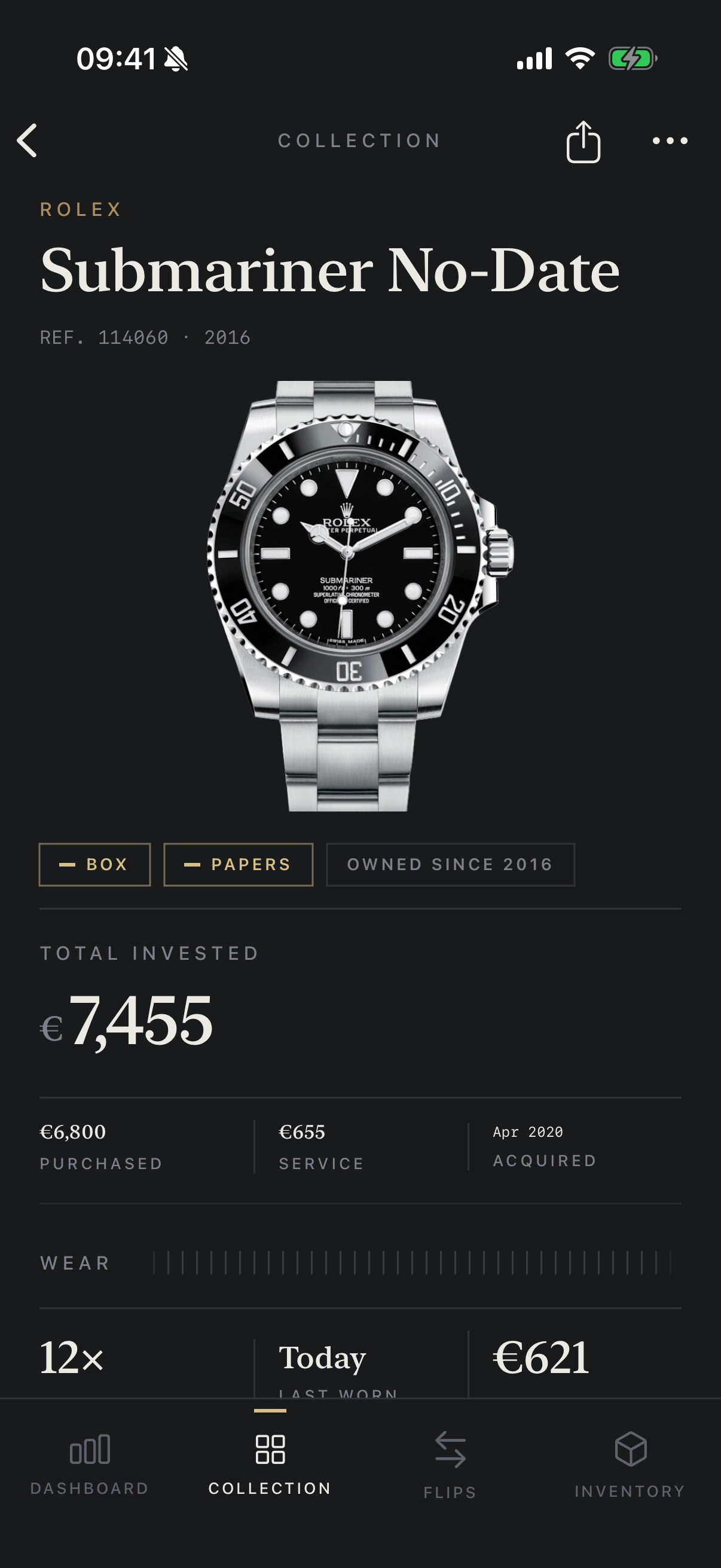 Watch detail: Rolex Submariner No-Date with total invested, purchase price, service cost, acquired date and wear count